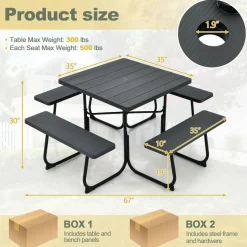 Tangkula 8 Person Picnic Table, Outdoor Square Picnic Table with 4 Built-in Benches