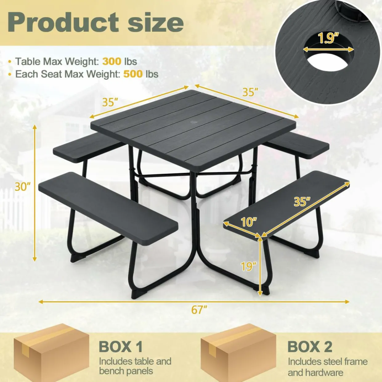 Tangkula 8 Person Picnic Table, Outdoor Square Picnic Table with 4 Built-in Benches