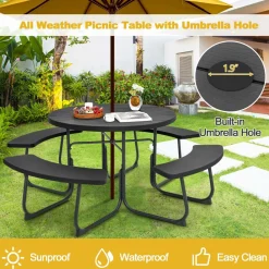 Tangkula 8 Person Picnic Table, Outdoor Round Picnic Table with 4 Built-in Benches, Umbrella Hole