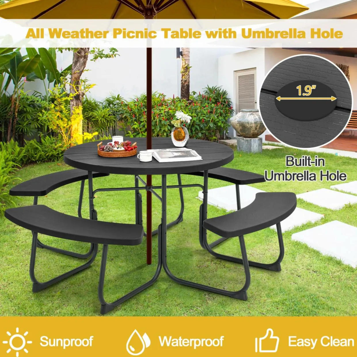 Tangkula 8 Person Picnic Table, Outdoor Round Picnic Table with 4 Built-in Benches, Umbrella Hole