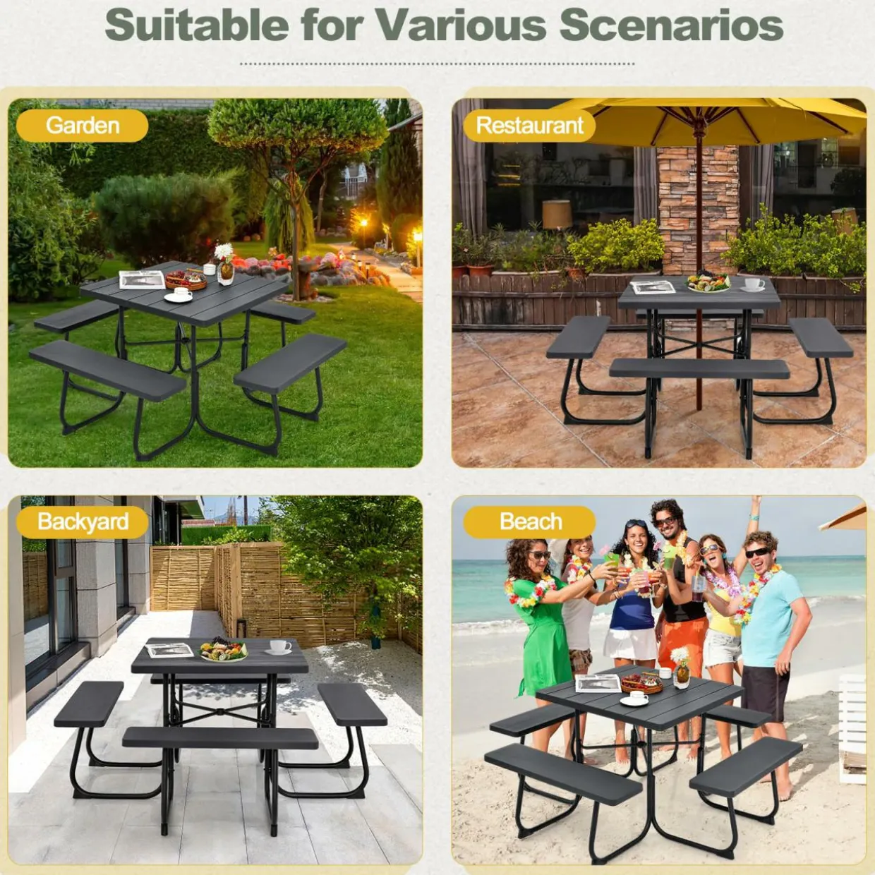 Tangkula 8 Person Picnic Table, Outdoor Square Picnic Table with 4 Built-in Benches