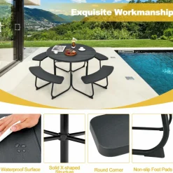Tangkula 8 Person Picnic Table, Outdoor Round Picnic Table with 4 Built-in Benches, Umbrella Hole