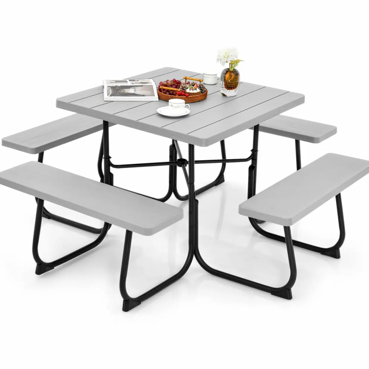 Tangkula 8 Person Picnic Table, Outdoor Square Picnic Table with 4 Built-in Benches