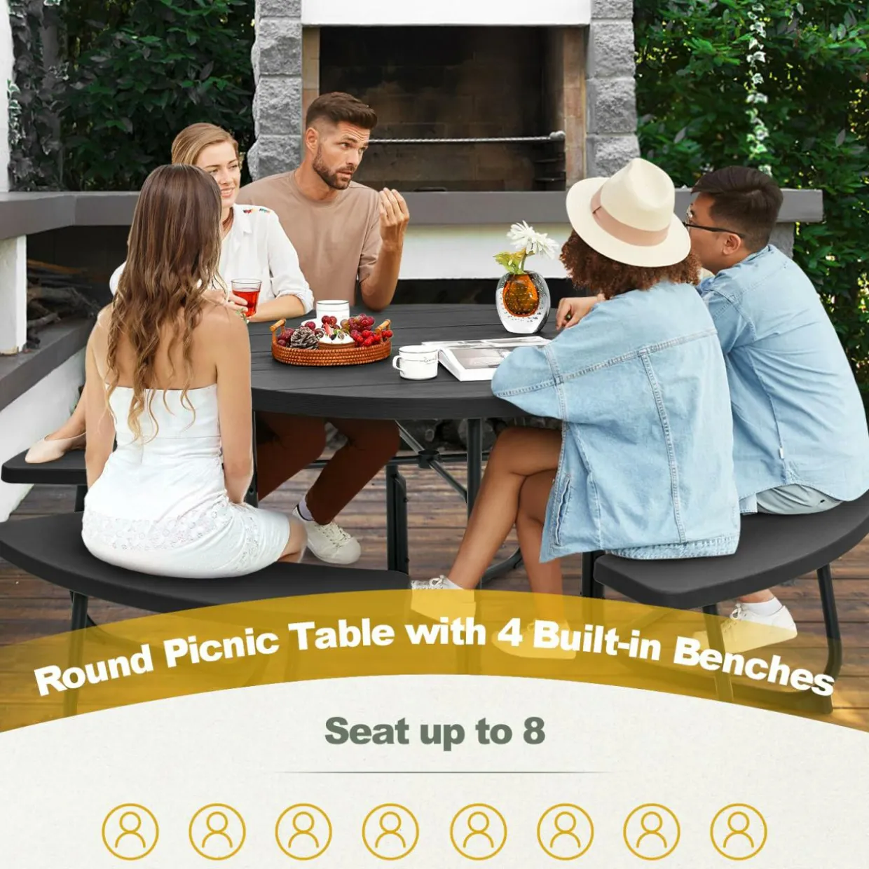 Tangkula 8 Person Picnic Table, Outdoor Round Picnic Table with 4 Built-in Benches, Umbrella Hole