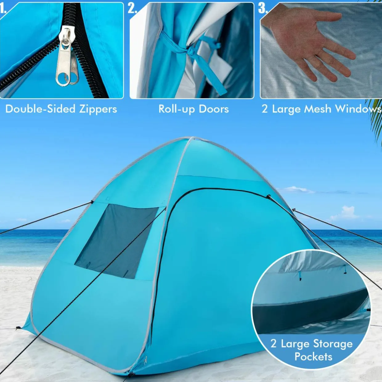 Tangkula 2-4 Person Pop up Beach Tent, UPF50+ Beach Sun Shade with Carrying Bag