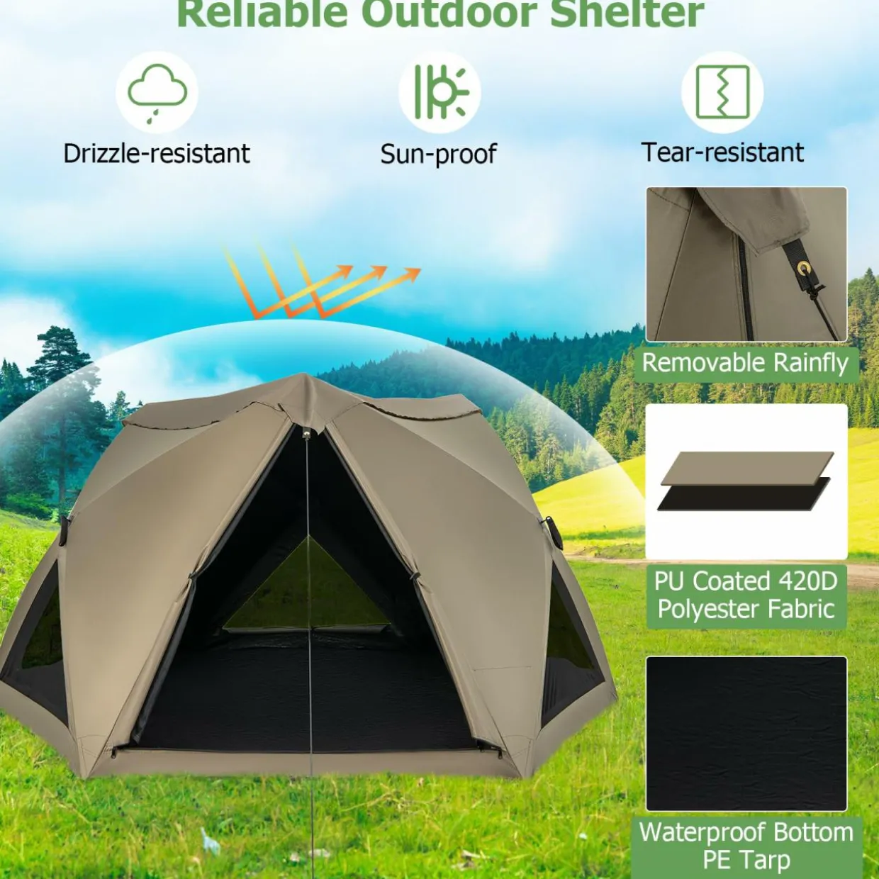 Tangkula 4-6 Person Pop Up Camping Tent with Visible Skylight, Portable Backpacking Tent with Removable Rainfly with 3 Mesh Walls
