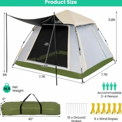 Tangkula 2-4 Person Pop Up Camping Tent, Portable Backpacking Tent with Removable Rainfly, 4 Mesh Walls, 2 Zippered Doors, Carrying Bag