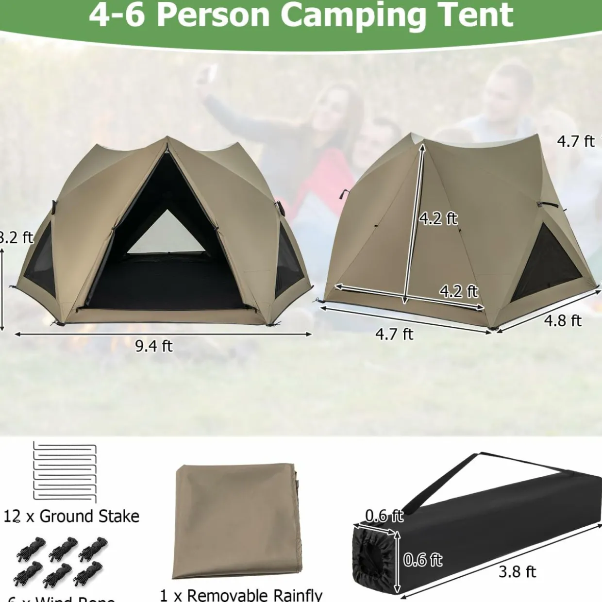 Tangkula 4-6 Person Pop Up Camping Tent with Visible Skylight, Portable Backpacking Tent with Removable Rainfly with 3 Mesh Walls