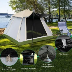 Tangkula 2-4 Person Pop Up Camping Tent, Portable Backpacking Tent with Removable Rainfly, 4 Mesh Walls, 2 Zippered Doors, Carrying Bag