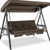 Tangkula 3 Person Porch Swing, 2-in-1 Convertible Patio Swing Bed with Adjustable Canopy, 2 Cup Holder Table