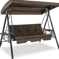 Tangkula 3 Person Porch Swing, 2-in-1 Convertible Patio Swing Bed with Adjustable Canopy, 2 Cup Holder Table
