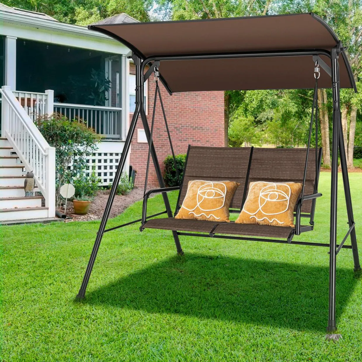 Tangkula 2 Person Porch Swing, Patio Swing with Adjustable Canopy