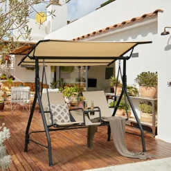 Tangkula 2 Person Porch Swing, Outdoor Swing with Tempered Glass Table (Beige)