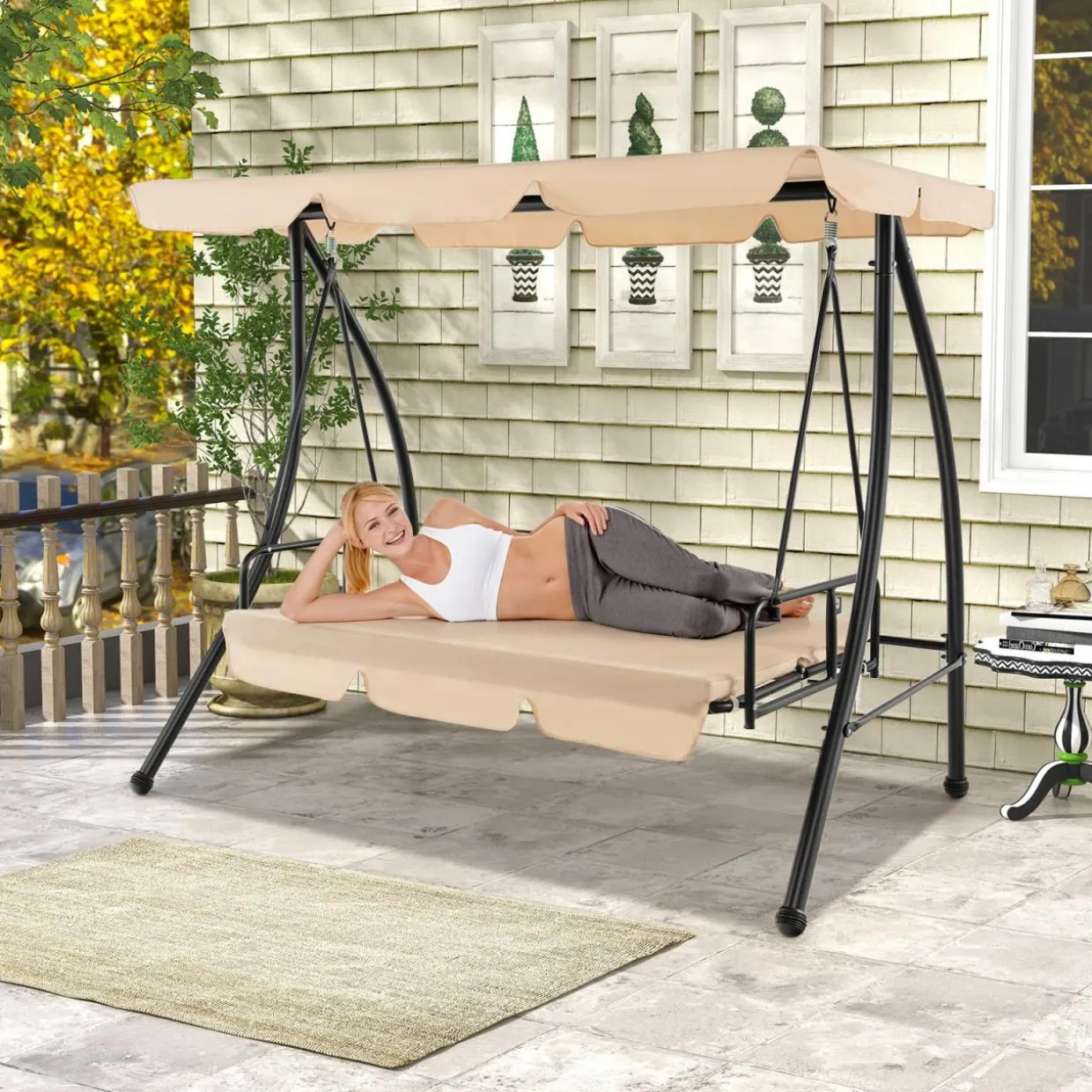 Tangkula 2 Person Porch Swing, 2-in-1 Convertible Outdoor Swing Bed with Adjustable Canopy