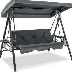 Tangkula 3 Person Porch Swing, 2-in-1 Convertible Patio Swing Bed with Adjustable Canopy, 2 Cup Holder Table