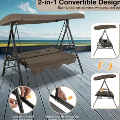 Tangkula 3 Person Porch Swing, 2-in-1 Convertible Patio Swing Bed with Adjustable Canopy, 2 Cup Holder Table
