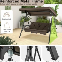 Tangkula 3 Person Porch Swing, 2-in-1 Convertible Patio Swing Bed with Adjustable Canopy, 2 Cup Holder Table