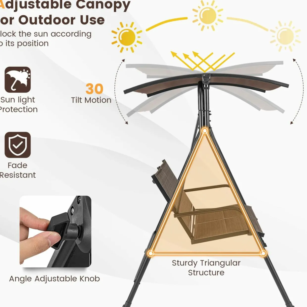 Tangkula 2 Person Porch Swing, Patio Swing with Adjustable Canopy