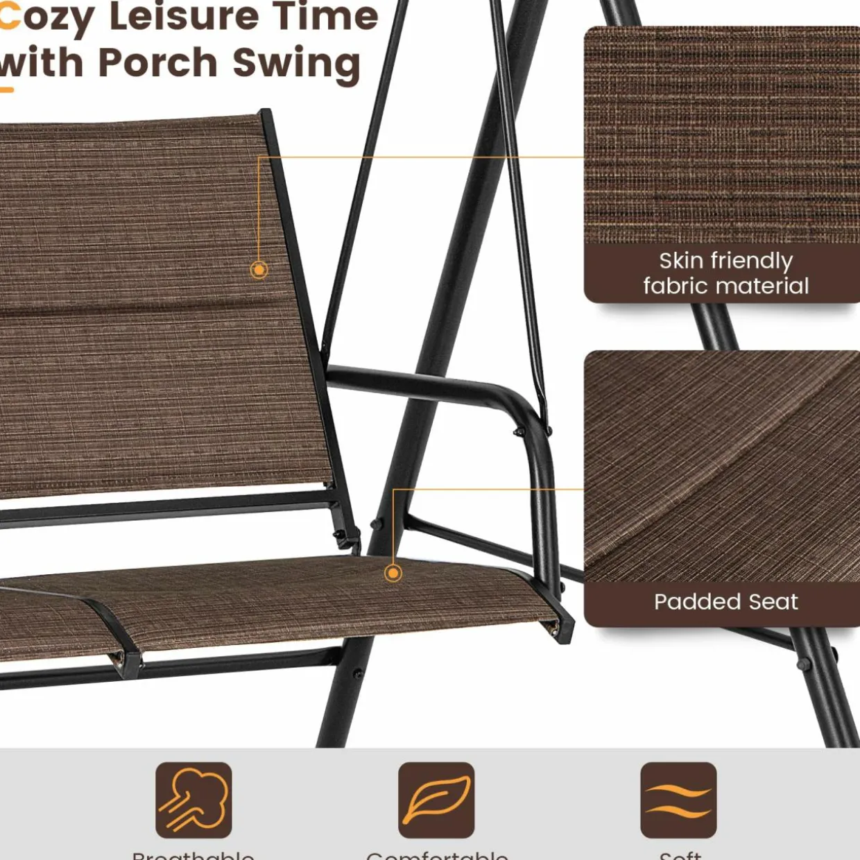 Tangkula 2 Person Porch Swing, Patio Swing with Adjustable Canopy