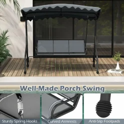 Tangkula 3 Person Porch Swing, Patio Swing with Adjustable Canopy, Heavy-Duty Metal Frame & Breathable Seat