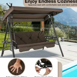 Tangkula 3 Person Porch Swing, 2-in-1 Convertible Patio Swing Bed with Adjustable Canopy, 2 Cup Holder Table