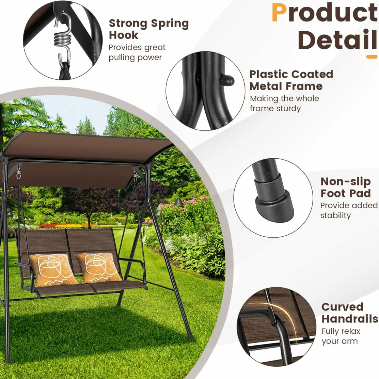 Tangkula 2 Person Porch Swing, Patio Swing with Adjustable Canopy
