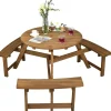 Tangkula 6 Person Wooden Picnic Table, Outdoor Round Picnic Table with 3 Built-in Benches