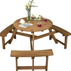Tangkula 6 Person Wooden Picnic Table, Outdoor Round Picnic Table with 3 Built-in Benches