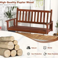 Tangkula 2/3 Person Wooden Porch Swing, Hanging Patio Swing with 2 Adjustable Galvanized Metal Chains