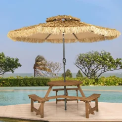 Tangkula 6 Person Wooden Picnic Table, Outdoor Round Picnic Table with 3 Built-in Benches