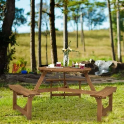 Tangkula 6 Person Wooden Picnic Table, Outdoor Round Picnic Table with 3 Built-in Benches
