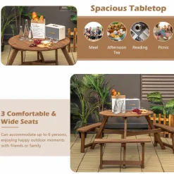 Tangkula 6 Person Wooden Picnic Table, Outdoor Round Picnic Table with 3 Built-in Benches