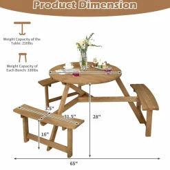Tangkula 6 Person Wooden Picnic Table, Outdoor Round Picnic Table with 3 Built-in Benches
