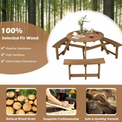 Tangkula 6 Person Wooden Picnic Table, Outdoor Round Picnic Table with 3 Built-in Benches