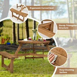 Tangkula 6 Person Wooden Picnic Table, Outdoor Round Picnic Table with 3 Built-in Benches