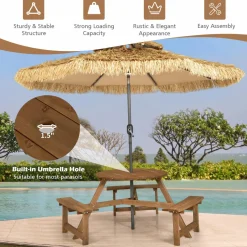 Tangkula 6 Person Wooden Picnic Table, Outdoor Round Picnic Table with 3 Built-in Benches