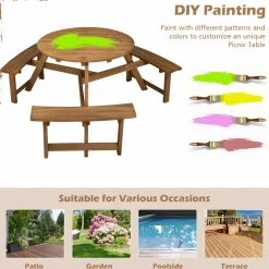Tangkula 6 Person Wooden Picnic Table, Outdoor Round Picnic Table with 3 Built-in Benches