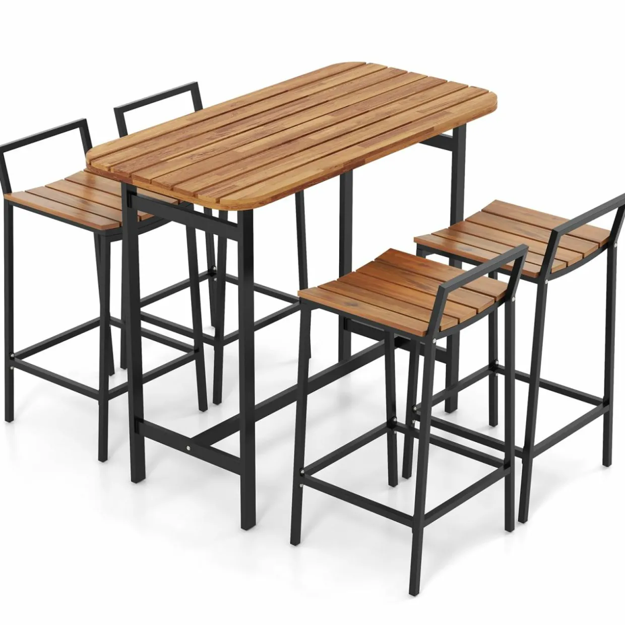 Tangkula 5 Piece Acacia Wood Bar Table Set, Outdoor Bar Height Table & Chairs with Metal Frame & Footrest