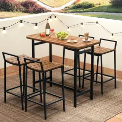 Tangkula 5 Piece Acacia Wood Bar Table Set, Outdoor Bar Height Table & Chairs with Metal Frame & Footrest