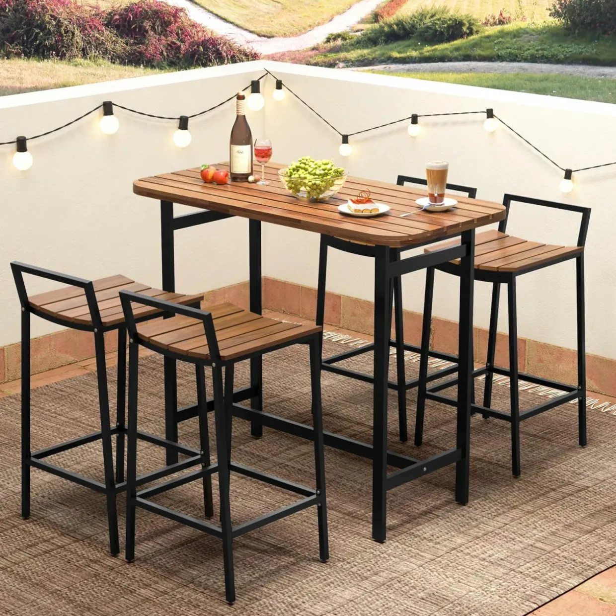 Tangkula 5 Piece Acacia Wood Bar Table Set, Outdoor Bar Height Table & Chairs with Metal Frame & Footrest