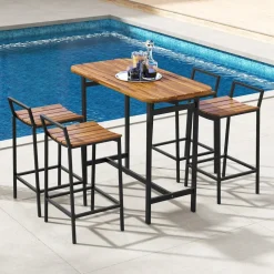 Tangkula 5 Piece Acacia Wood Bar Table Set, Outdoor Bar Height Table & Chairs with Metal Frame & Footrest