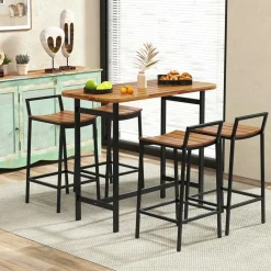Tangkula 5 Piece Acacia Wood Bar Table Set, Outdoor Bar Height Table & Chairs with Metal Frame & Footrest
