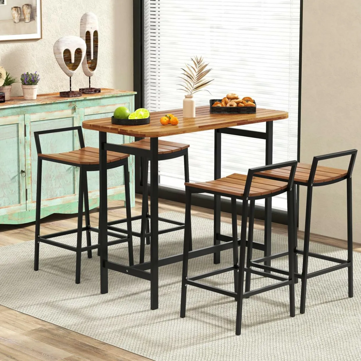Tangkula 5 Piece Acacia Wood Bar Table Set, Outdoor Bar Height Table & Chairs with Metal Frame & Footrest