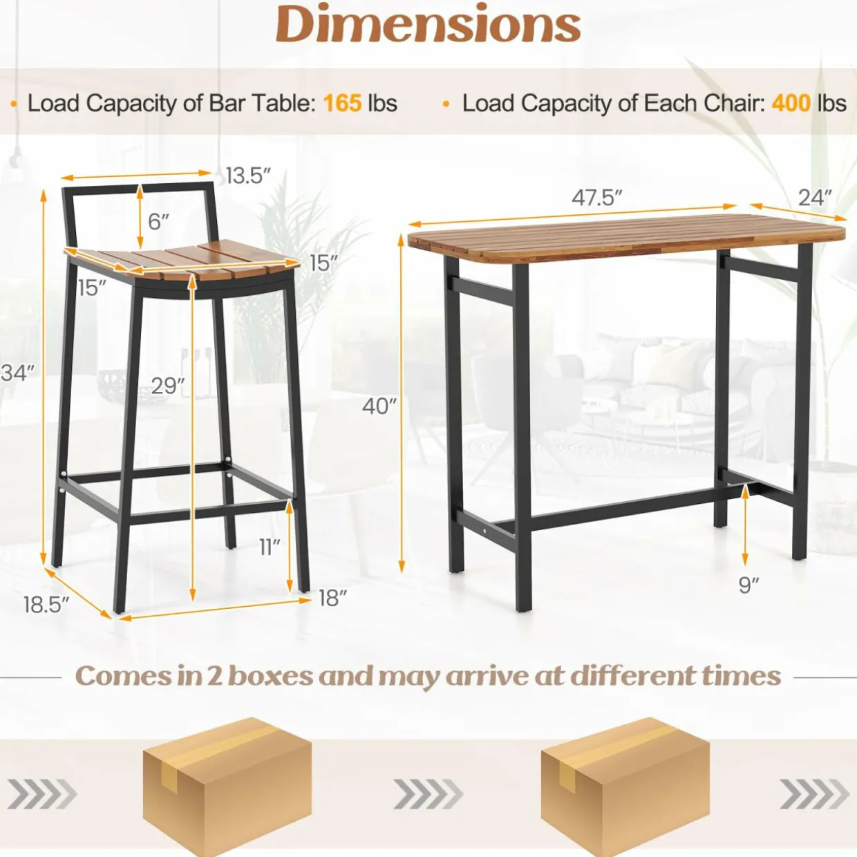 Tangkula 5 Piece Acacia Wood Bar Table Set, Outdoor Bar Height Table & Chairs with Metal Frame & Footrest