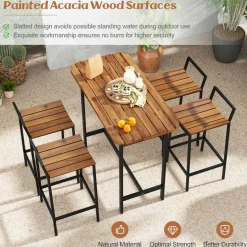 Tangkula 5 Piece Acacia Wood Bar Table Set, Outdoor Bar Height Table & Chairs with Metal Frame & Footrest