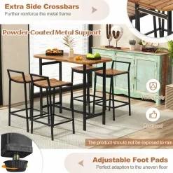Tangkula 5 Piece Acacia Wood Bar Table Set, Outdoor Bar Height Table & Chairs with Metal Frame & Footrest