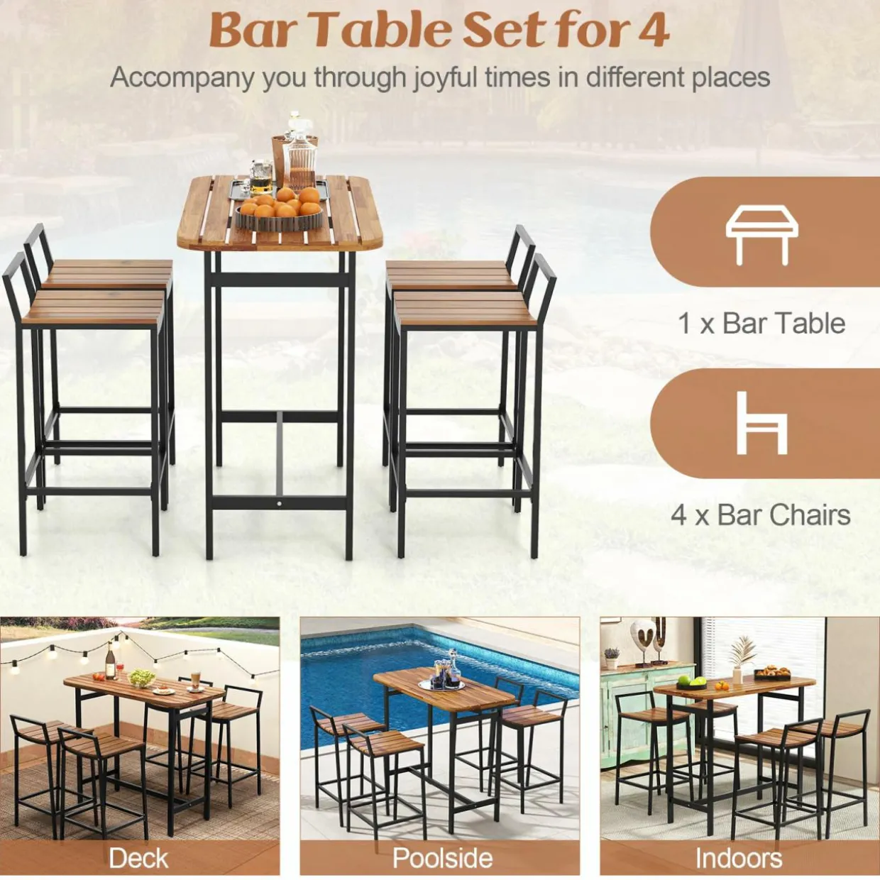 Tangkula 5 Piece Acacia Wood Bar Table Set, Outdoor Bar Height Table & Chairs with Metal Frame & Footrest