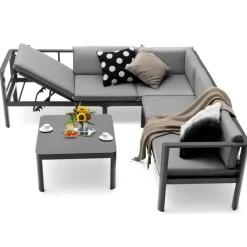 Tangkula 3 Piece Aluminum Patio Furniture Set, Patiojoy Outdoor Sectional Sofa Set with 6-Level Reclining Backrest