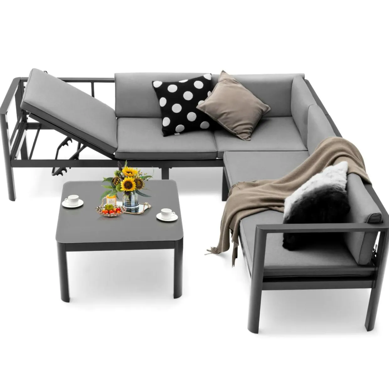 Tangkula 3 Piece Aluminum Patio Furniture Set, Patiojoy Outdoor Sectional Sofa Set with 6-Level Reclining Backrest