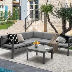 Tangkula 3 Piece Aluminum Patio Furniture Set, Patiojoy Outdoor Sectional Sofa Set with 6-Level Reclining Backrest